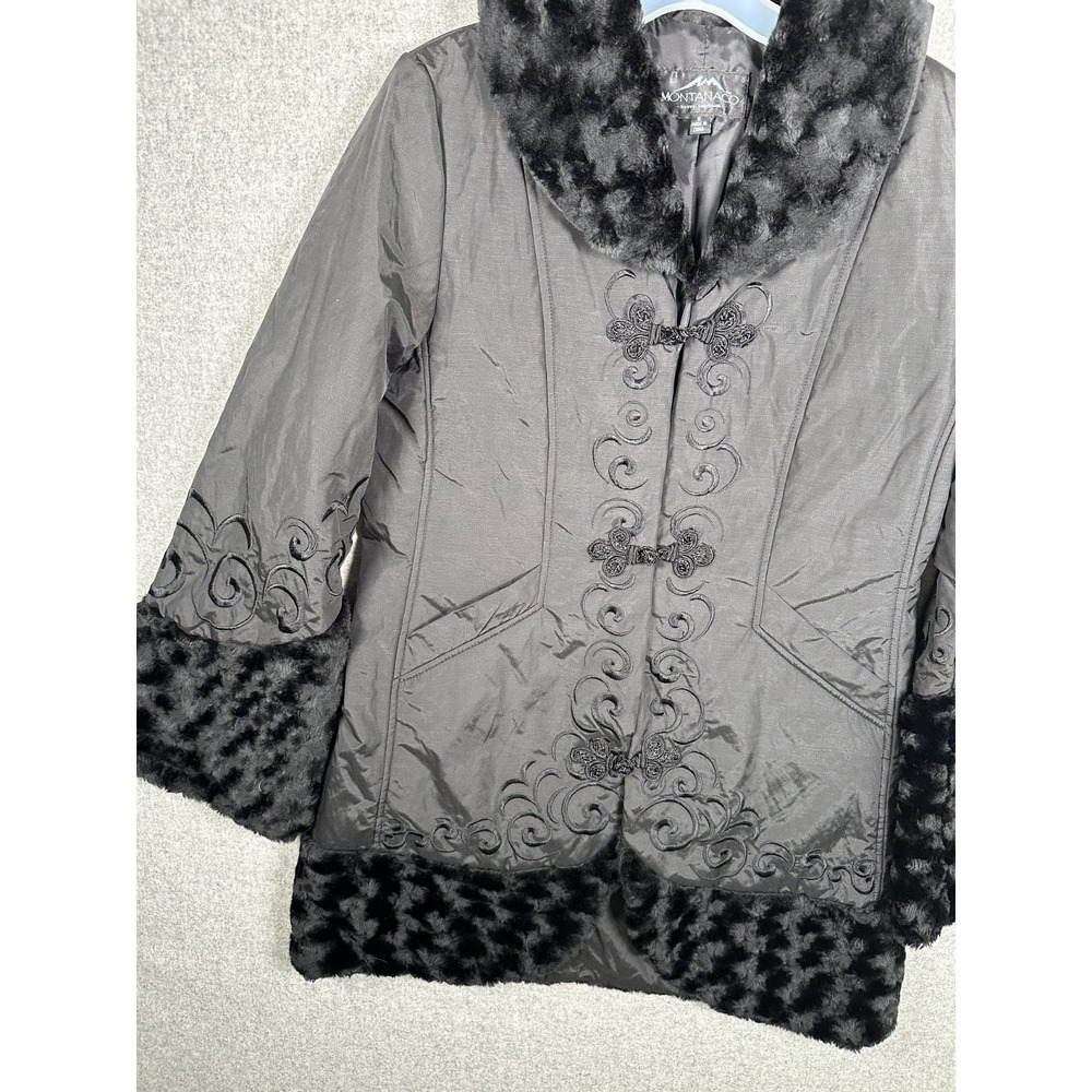 Montana Co Womens Small Jacket Coat Black Faux Fur Chic Embroidered - Picture 9 of 13